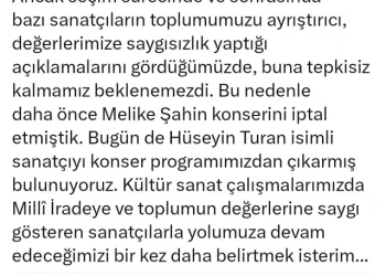 Bursa Büyükşehir Belediyesi, Hüseyin Turan''ın konser programını iptal etti