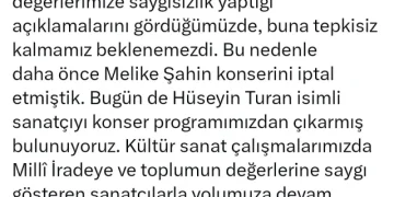 Bursa Büyükşehir Belediyesi, Hüseyin Turan''ın konser programını iptal etti