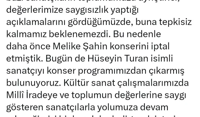 Bursa Büyükşehir Belediyesi, Hüseyin Turan''ın konser programını iptal etti