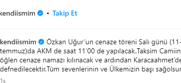 MFÖ Üyesi Özkan Uğur'un Cenaze Töreni Programı Belli Oldu