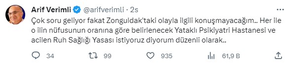 Arif Verimli Zonguldak'ta yaşanan vahşete sessiz kalmadı: Acilen ruh sağlığı yasası çıkarılmalı