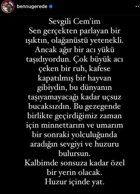 Bennu Gerede'den hayatını kaybeden eski eşi Cem Büyükhanlı'ya veda mesajı: Parlayan bir ışıktın