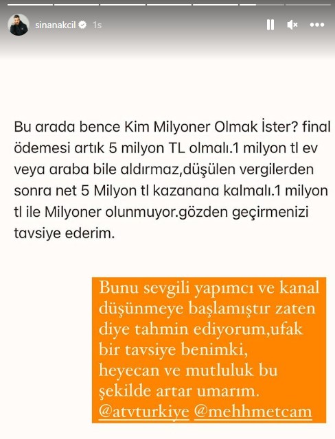 Milyoner'deki ödülü beğenmeyen Sinan Akçıl, yapımcıya seslendi: 5 milyon TL olmalı