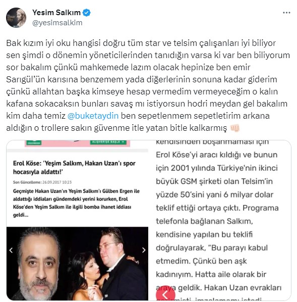 Yeşim Salkım'ın 'Yatak teri' diyerek yüklendiği Buket Aydın'dan okkalı cevap: Kişi kendinden bilir